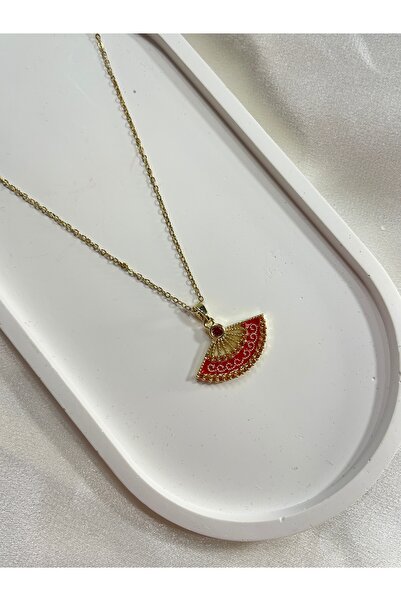 lotusbybuket Vıp Çelik Gold Özel Tasarım Kırmızı Yelpaze Kolye