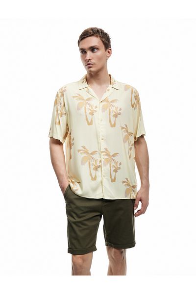 Koton Short Sleeve Turn-Down Collar Viscose Palm Pattern Summer Shirt
