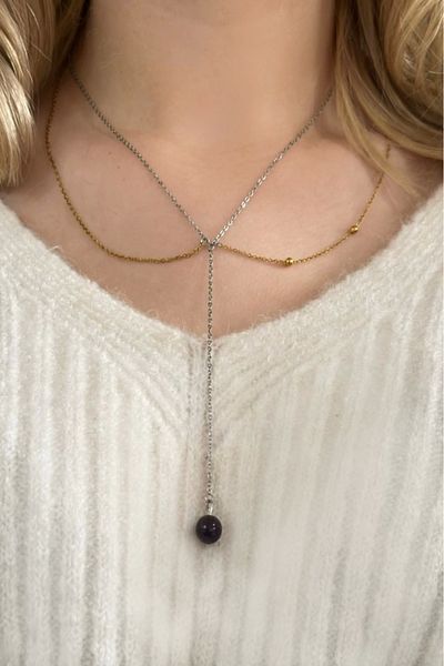 SEVGİLİ TAKI Y Model Amethyst Natural Stone Steel Necklace |   Ida Series