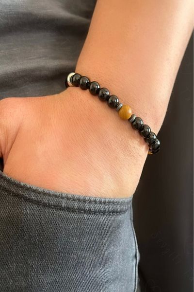 SEVGİLİ TAKI Natural Stone Jasper and Onyx Bracelet - Evil Eye Series