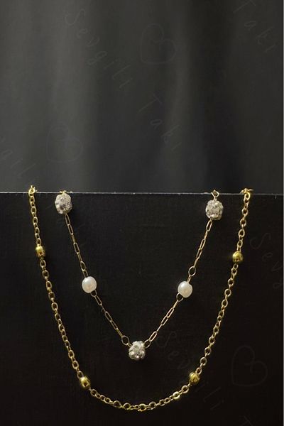 SEVGİLİ TAKI Double Gold Steel Bracelet with Stone and Ball Chain -Glorious Series