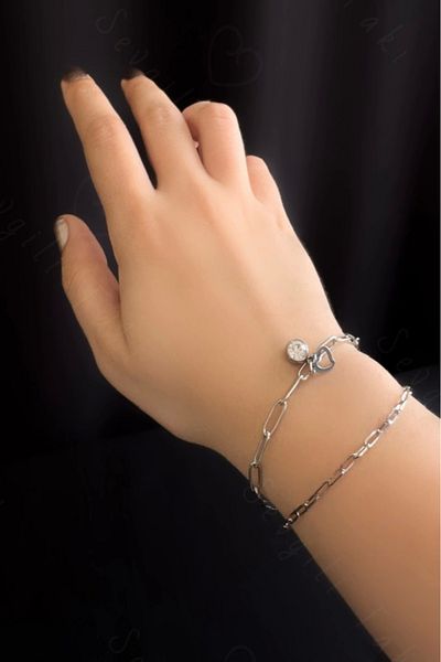 SEVGİLİ TAKI Double Steel Bracelet with Heart and Zircon Stone Charm |   Summer Series