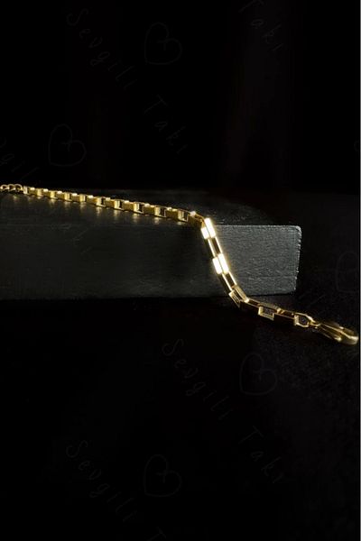 SEVGİLİ TAKI Gold Children's Steel Bracelet with Rectangular Chain| 777 Series
