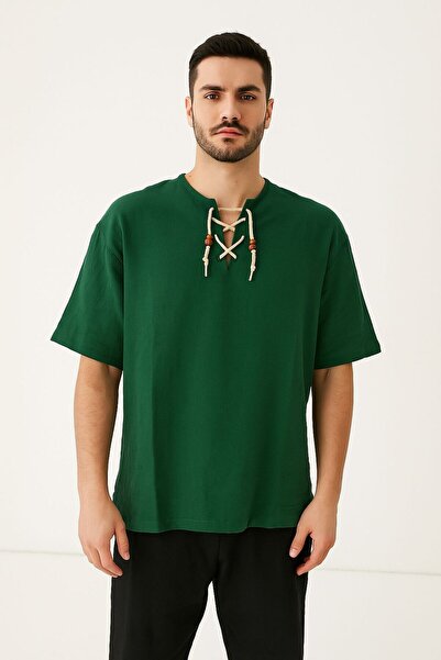 Freshman Ανδρικό μπλουζάκι με κοντό μανίκι με πράσινο λινό εμπριμέ σχέδιο