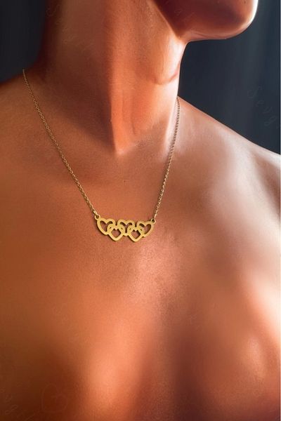 SEVGİLİ TAKI Mia Series - Heart Patterned Charm Gold Steel Necklace