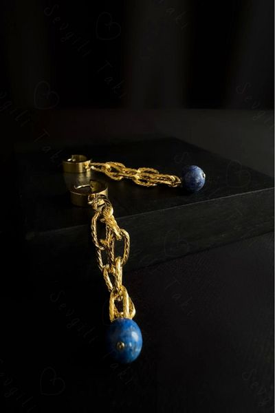 SEVGİLİ TAKI Gold Lapis Lazuli Steel Earrings - Lover Natural Stone Set