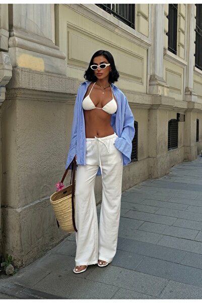 Brantu Women's Slim Waist Rubber Detailed Draped Linen Loose Cut Pants