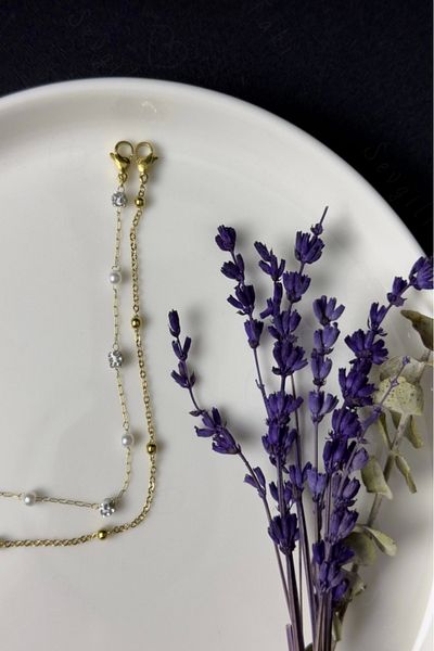 SEVGİLİ TAKI Double Gold Steel Bracelet with Stone and Ball Chain -Glorious Series