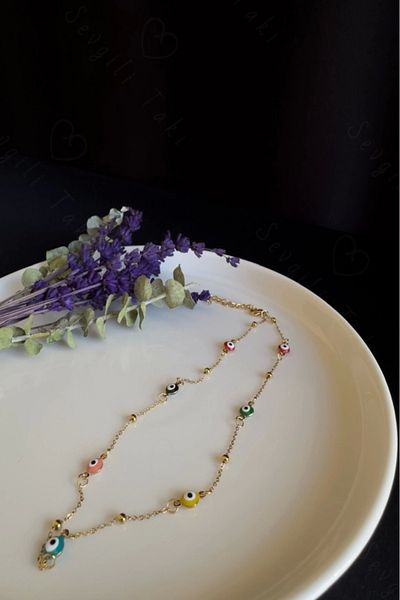 SEVGİLİ TAKI Evil Eye Beaded Choker Gold Steel Necklace - Lover Jewelry Collection