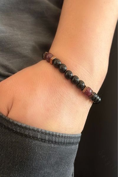 SEVGİLİ TAKI Obsidian and Granate Natural Stone Bracelet - Balance Series