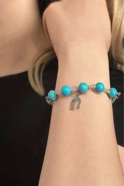 SEVGİLİ TAKI Turquoise and Aquamarine Steel Bracelet with Natural Stones - Lover Jewelry Collection