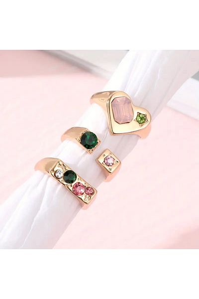 Takıtolia Pivel Gold - 3 Colorful Sparkling Stone Heart Figured Stylish Design Vintage Multiple Gold Ring Set