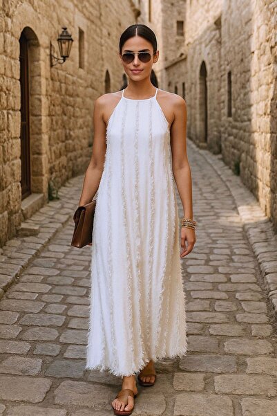 Elbikom Yeni Sezon Halter Yaka Beyaz Elbise