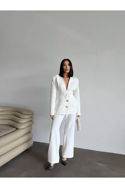 SOFT Fancy 3 Metal Buttons Decollete Collar Jacket-Pants Set