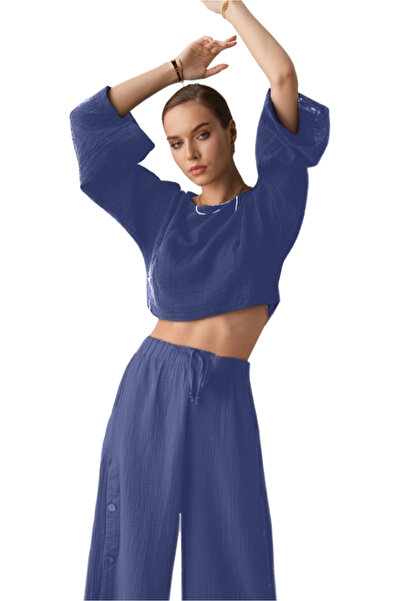 clavia Muslin Bustier, Tshirt Spanish Sleeve Boat Neck 100% βαμβακερό καλοκαιρινό μπλουζάκι, Crop Bustier Indigo