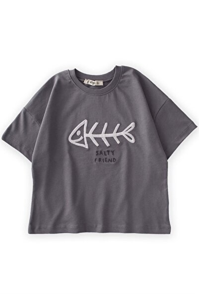 Cigit Fish Embroidered T-shirt 2-8 Years Gray
