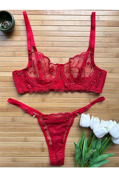RUYAZ Red Lace Underwire Floral Women's Underwear Set Bra Panty Set New Year's Special
