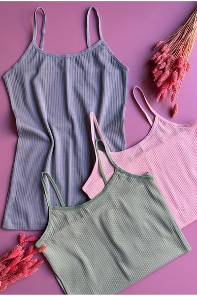 Elosia Libre Line |   4-Piece Pink, Green, Black and Blue Cotton Ribbed Thread Strap Tank-Blouse