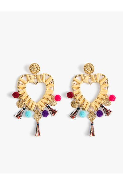 Koton Straw Earrings with Hanging Heart Shaped Tassels