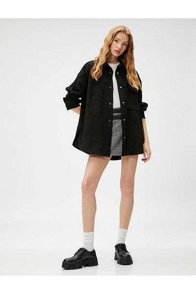 Koton Suede Look Shirt Long Sleeve with Snap Closure Pocket