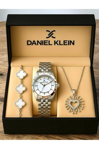 Daniel Klein Premium Women's Gift Set – Silver Watch, Clover Bracelet & Sunburst Heart Necklace - Gift Boxed