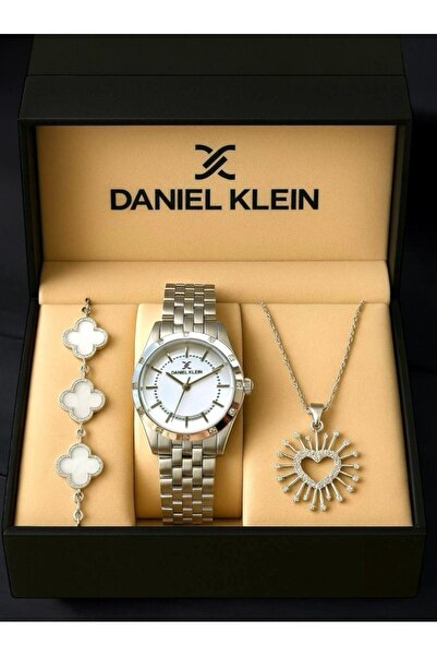 Daniel Klein Premium Women's Gift Set – Silver Watch, Clover Bracelet & Sunburst Heart Necklace - Gift Boxed