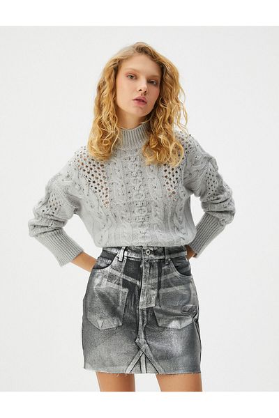Koton Stoned Openwork Turtleneck Sweater Long Sleeve Soft Textured