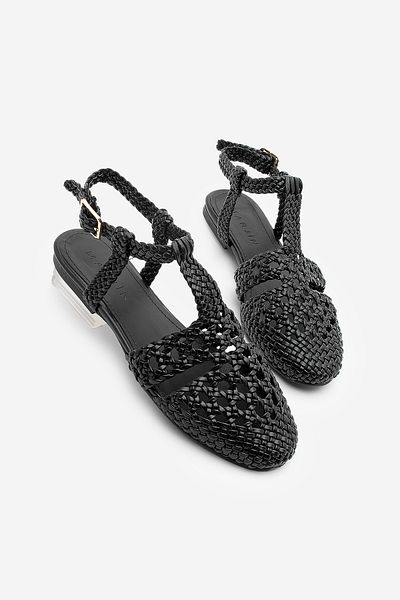 Marjin Women's Ankle Strap Open Back Hand Knitted Ballerina Zervin Black