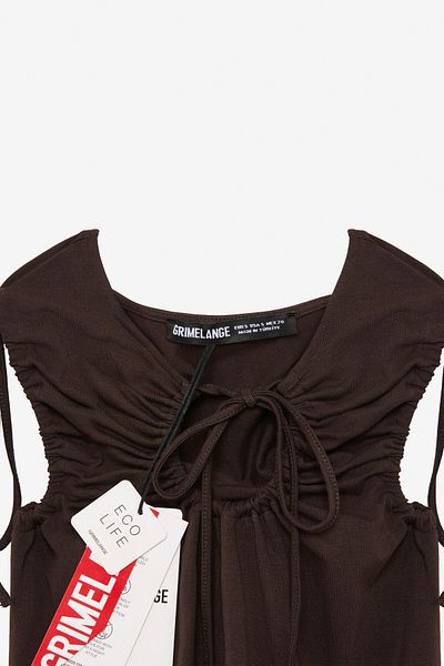 GRIMELANGE Seralya Women's Sleeveless Window Collar Kolevi Gather Slim Brown Blouse
