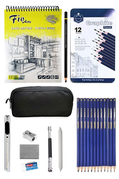 ACUTO A5 Sketchbook 90 Gr Pen Holder Keep Smiling Charcoal Drawing Set 12'Li Eraser Dispenser