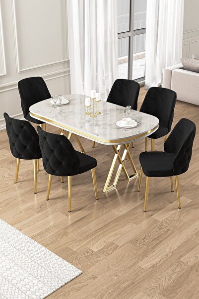 Canisa Afe Serisi 90x168 Lak Panel Beyaz Mermer Desen Gold Ayak Masa Takımı 6...