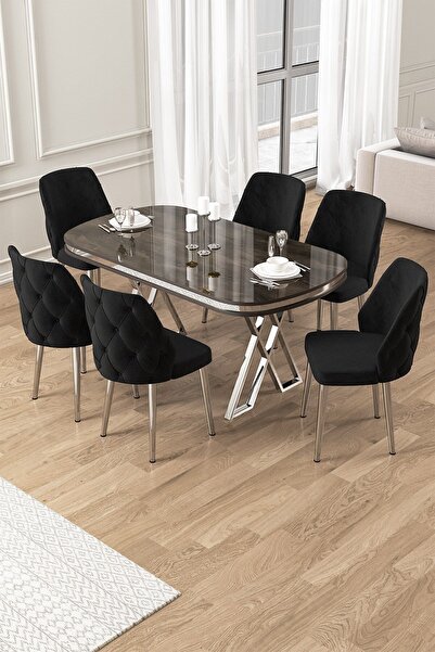 Canisa Afe Serisi 90x168 Lak Panel Antrasit Ironi krom Ayak Masa Takımı 6 Siy...