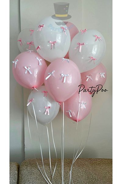 PartyPoo Pink and White Balloon Set with Pink and White Bow Ribbon 10-Piece Birthday Set Balloon with Bow