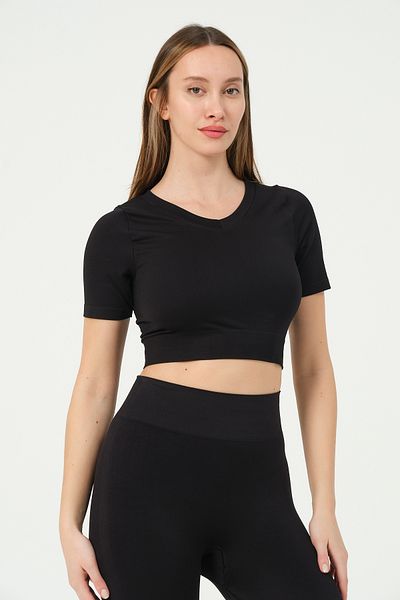 FOREVER MORE Tricou elastic fără cusături cu mânecă scurtă cu decolteu în V pentru femei