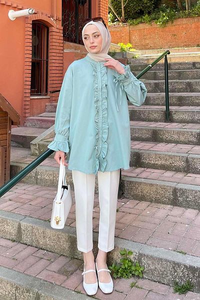lamelif Flores Ruffle Tunic Çağla Green
