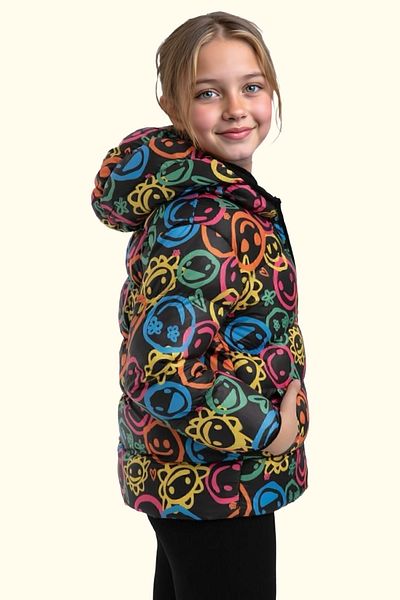 Firststops Girl's Smiling Emoji Fleece Inside Furry Water and Windproof Hooded Pocket Winter Puffer Jacket