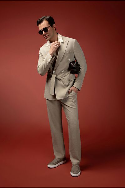 Kiğılı Regular Fit Linen Blended Elastic Waist Drawstring Belted Double Breasted Suit