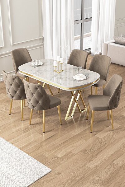 Canisa Afe Serisi 90x168 Lak Panel Beyaz Mermer Desen Gold Ayak Masa Takımı 6...