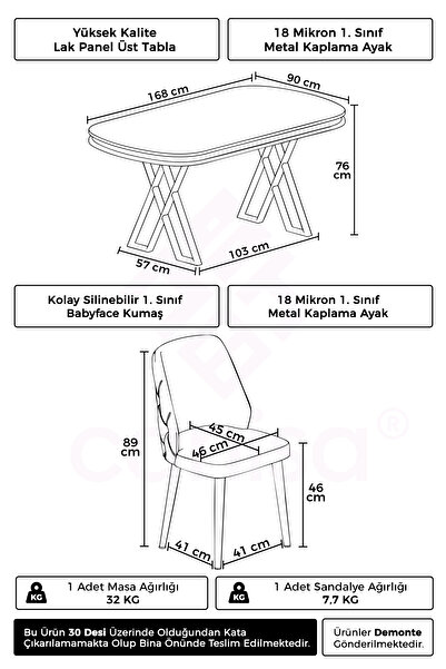 Canisa Afe Serisi 90x168 Lak Panel Beyaz Mermer Desen Krom Ayak Masa Takımı 6 Gri Sandalye