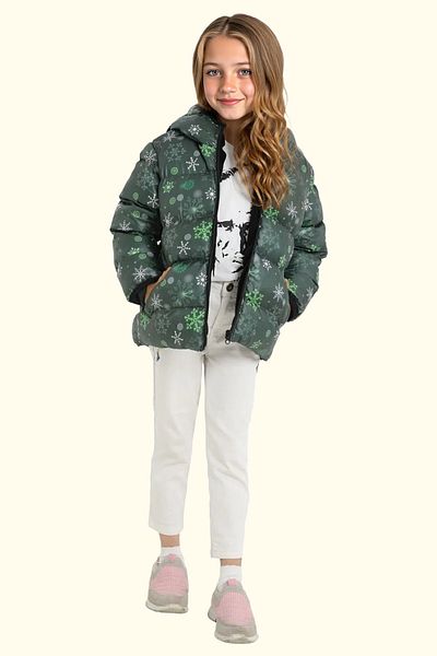 Firststops Girl's Green Snowflake Pattern Fleece Water and Windproof Hooded Puffy Winter Coat