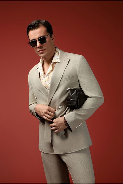 Kiğılı Regular Fit Linen Blended Elastic Waist Drawstring Belted Double Breasted Suit
