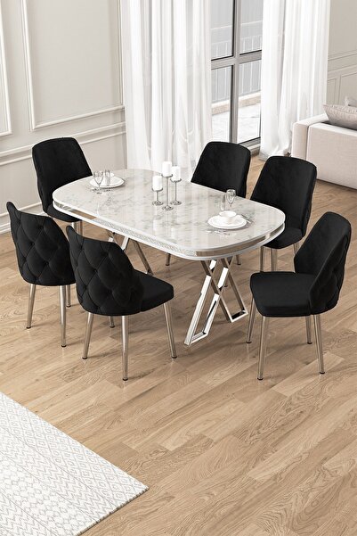 Canisa Afe Serisi 90x168 Lak Panel Beyaz Mermer Desen Krom Ayak Masa Takımı 6...