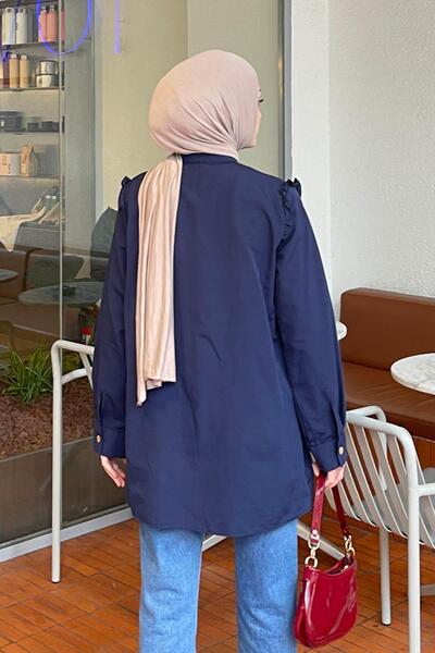 lamelif Judge Collar Front Pleated Tunic Navy Blue