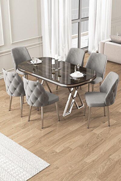 Canisa Afe Serisi 90x168 Lak Panel Antrasit Ironi krom Ayak Masa Takımı 6 Gri Sandalye