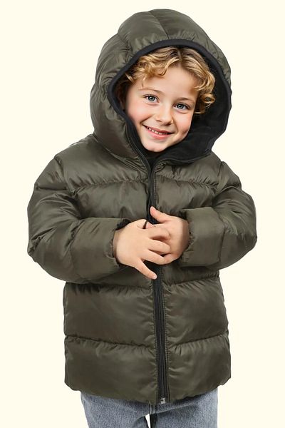 Firststops Boy's Khaki Fleece Hooded Waterproof Wind-Resistant Inflatable Winter Coat - Coat