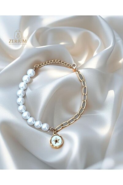 ZERİUM Celestial Fusion: Yıldız Desenli Incili & Zincir Kadın Bileklik 316l