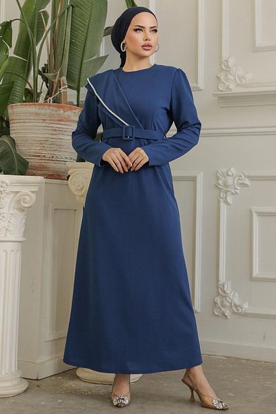 Neva Style Rochie de seară hijab albastru indigo cu centură cu cataramă 664ım