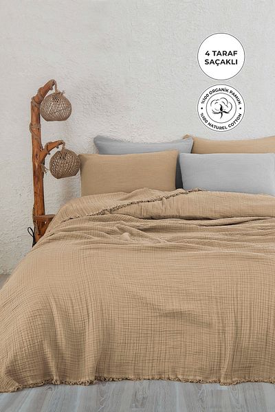 Evlen Home Collection Κάλυμμα κρεβατιού από 100% βαμβακερή μουσελίνα King Size Διπλό Σετ Πικέ Μουσελίνας 4 στρώσεων 3 τεμαχίων Μπεζ