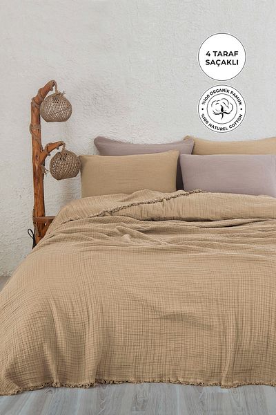 Evlen Home Collection 100% Cotton Double Muslin Bedspread 4 Layer Soft Blanket Muslin Pique Set 3 Pieces