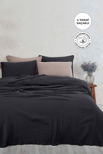 Evlen Home Collection Cuvertură de pat muselină din bumbac 100% Dimensiune Battal Set dublu muselină piqué cu 4 straturi 3 piese Negru